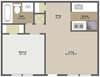 One bedroom, one bathroom two dimensional floor plan.